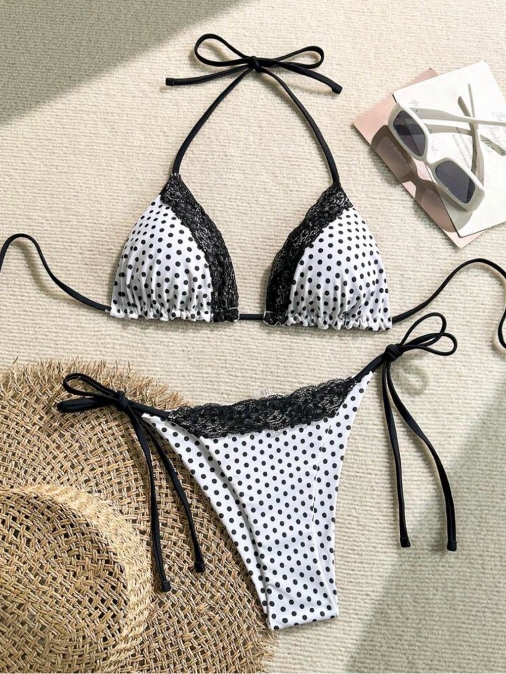 Black & White Polka Dot Lace Trim Tie-Side Bikini